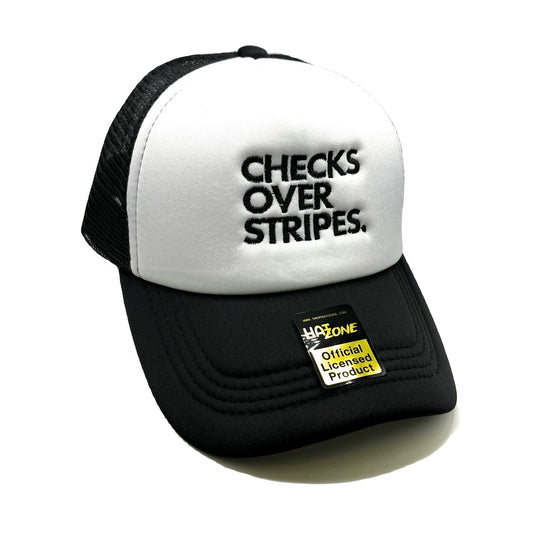 Checks Over Stripes Mesh Trucker Snapback (White/Black)